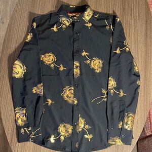 Men's Black Dress Shirt with Gold Floral Print